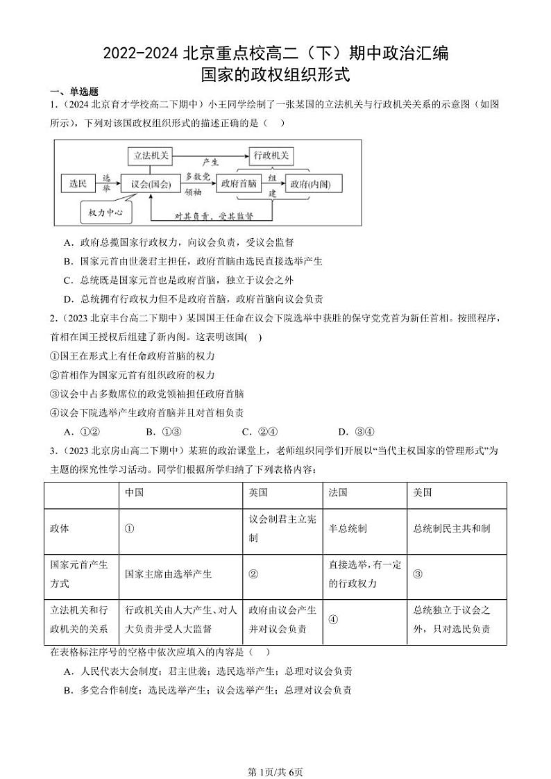 2022-2024北京重点校高二（下）期中真题政治汇编：国家的政权组织形式第1页