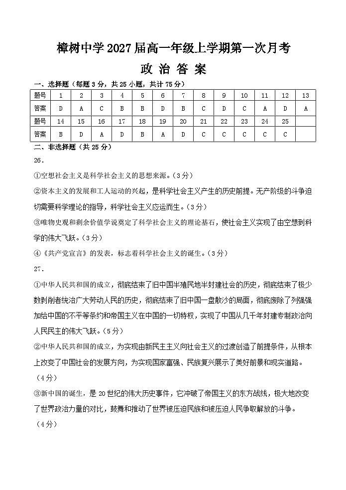 樟树中学2027届高一年级上学期第一次月考政治答案第1页