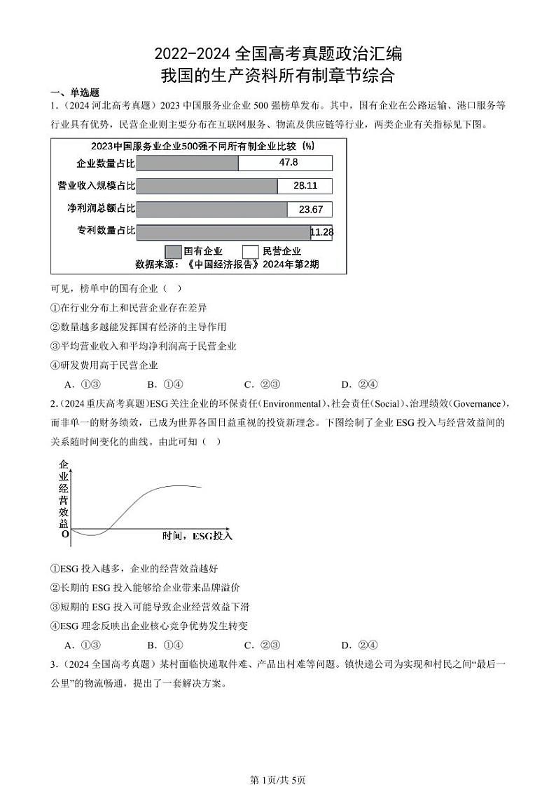 2022-2024全国高考真题政治汇编：我国的生产资料所有制章节综合第1页