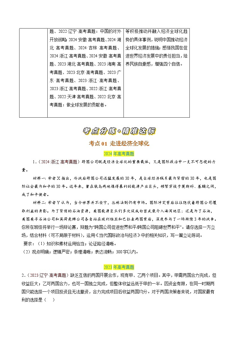 专题12 经济全球化-【真题汇编】最新3年（22-24年）高考政治真题分类汇编（原卷版）第2页