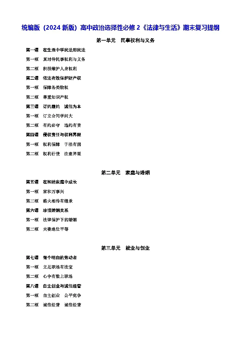 统编版（2024新版）高中政治选择性必修2《法律与生活》期末复习提纲 学案第1页