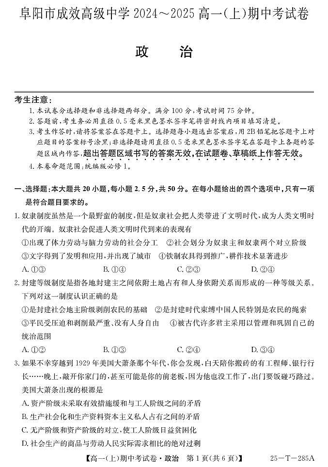 安徽省阜阳市成效高级中学2024-2025学年高一上学期期中考试政治试卷第1页