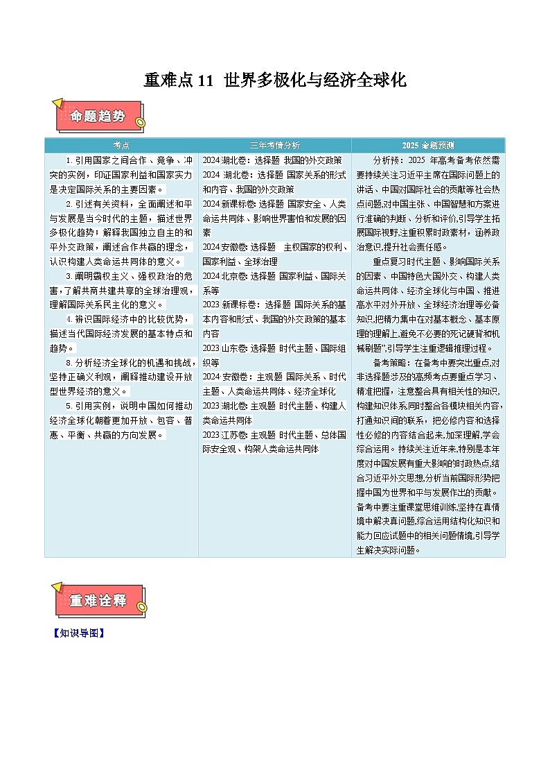 重难点11 世界多极化与经济全球化-2025年高考政治 热点 重点 难点 专练（江苏专用）（原卷版）第1页