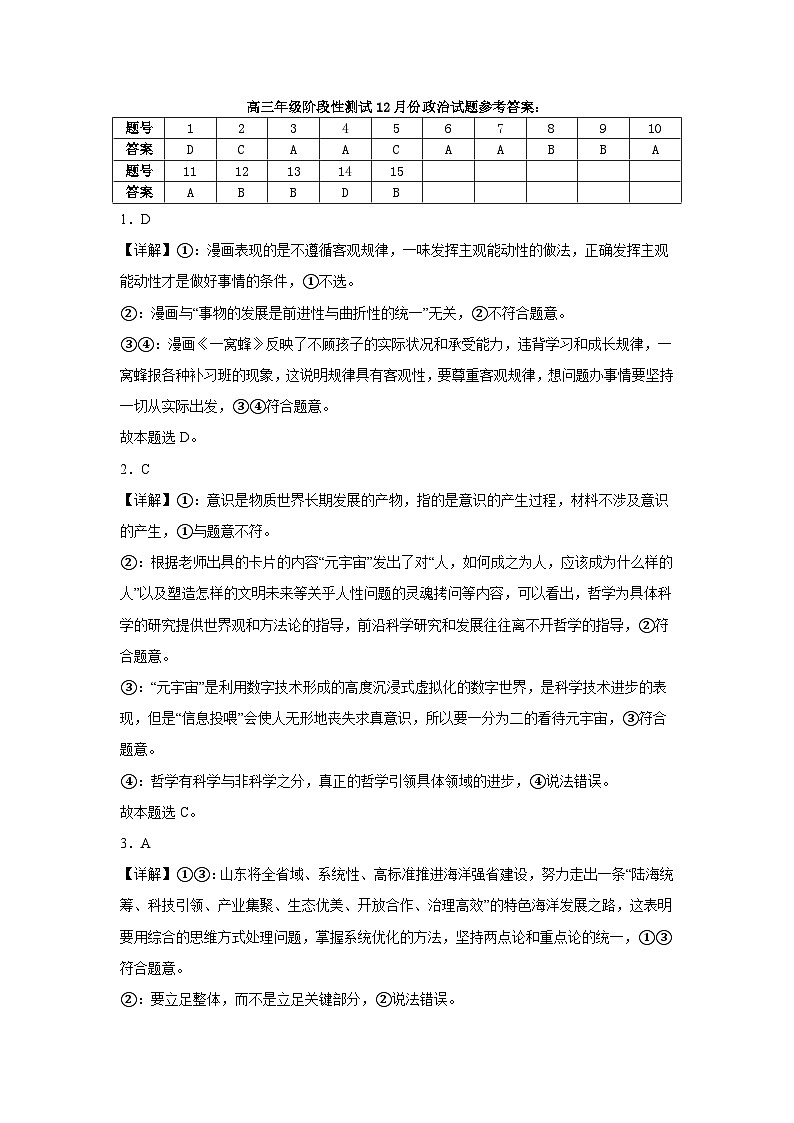 高三年级阶段性测试12月份政治试题参考答案第1页