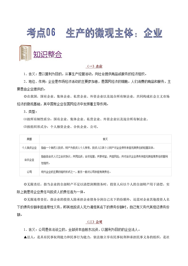 备战2025年高考政治考点一遍过学案考点06 生产的微观主体：企业（附解析）第1页