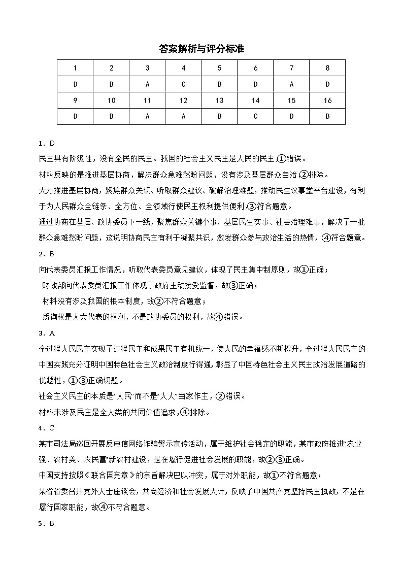 部编版高中政治必修三专题二复习试题（解析版）第1页