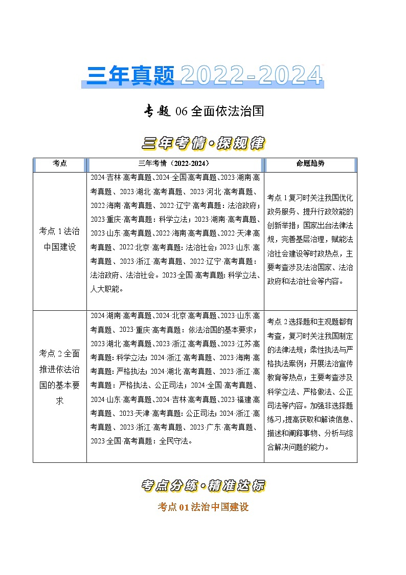 三年高考真题（2022-2024）分项汇编 政治 专题06 全面依法治国 Word版含解析第1页