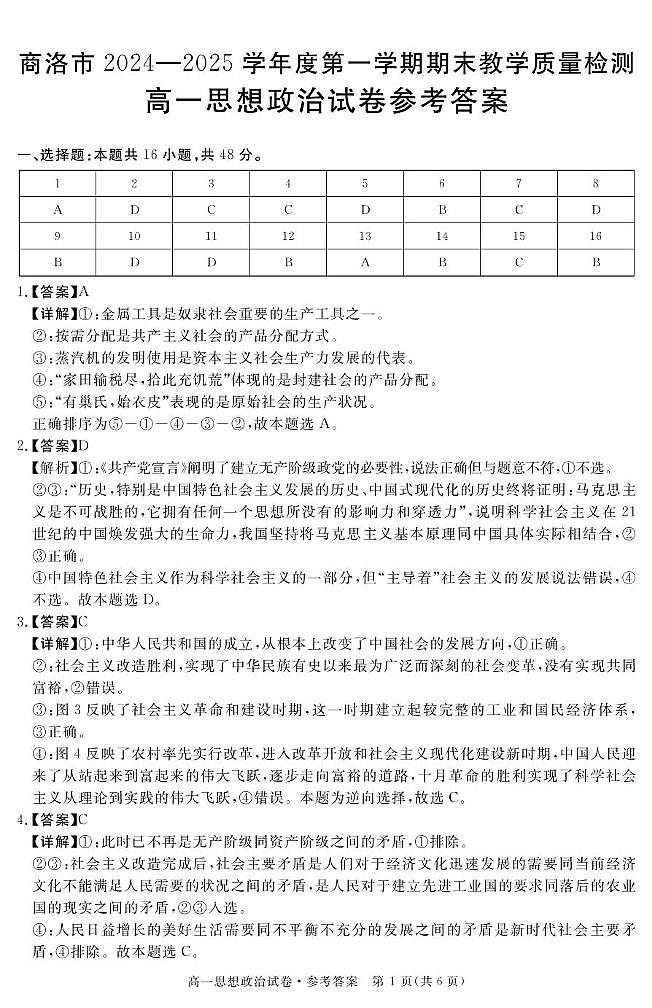 25商洛市政治期末卷答案第1页