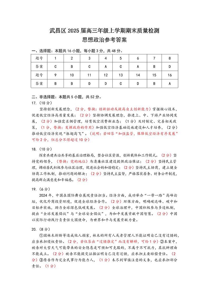 武昌区2025届高三年级上学期期末质量检测政治答案第1页
