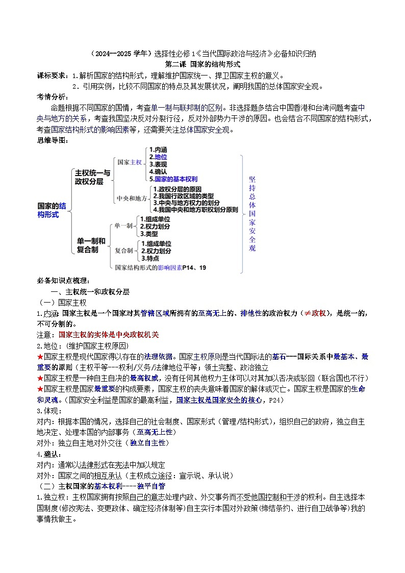 【必备知识归纳】选必1第二课 国家的结构形式- 2025年高考政治一轮复习必备知识归纳（新高考通用）第1页