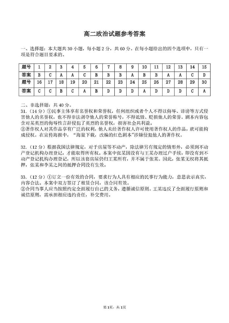 高二政治期末考试题 高二政治试题参考答案第1页