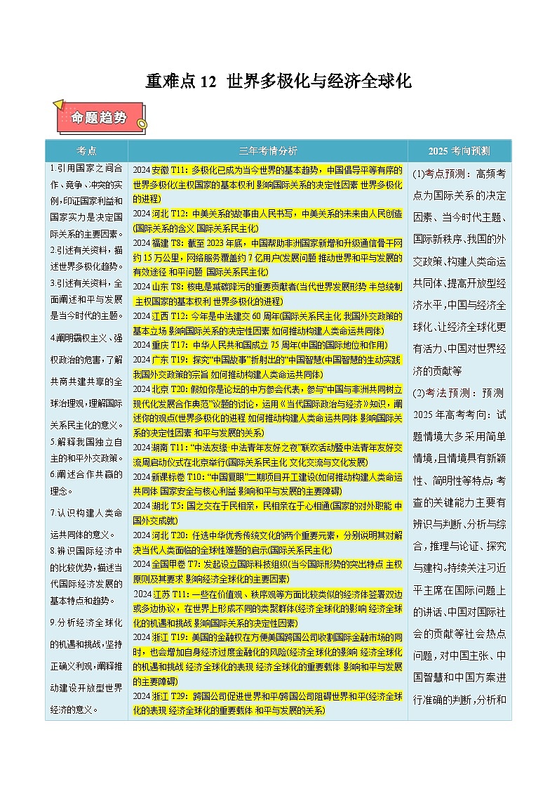 重难点12 世界多极化与经济全球化-2025年高考政治 热点 重点 难点 专练（新高考通用）（原卷版）第1页