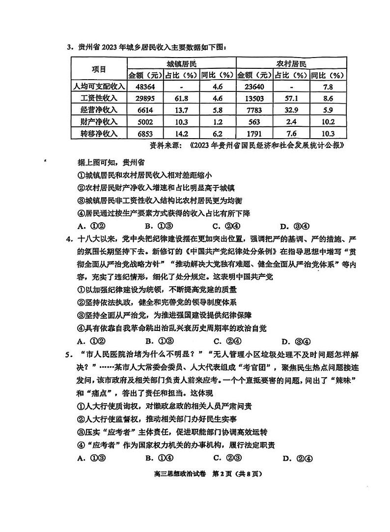 贵州省贵阳市2025年高三年级高考模拟适应性考试（一）-政治试题+答案第2页