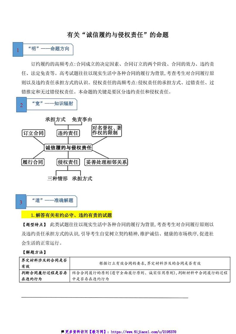 2025届高三政治大题突破二轮复习学案试卷 14.有关“诚信履约与侵权责任”的命题(原卷版+解析版)第1页