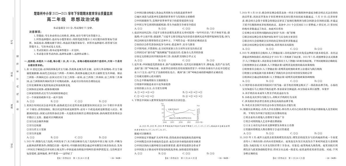 云南省楚雄州2023-2024学年下学期期末教育学业质量监测高中二年级思想政治试卷第1页