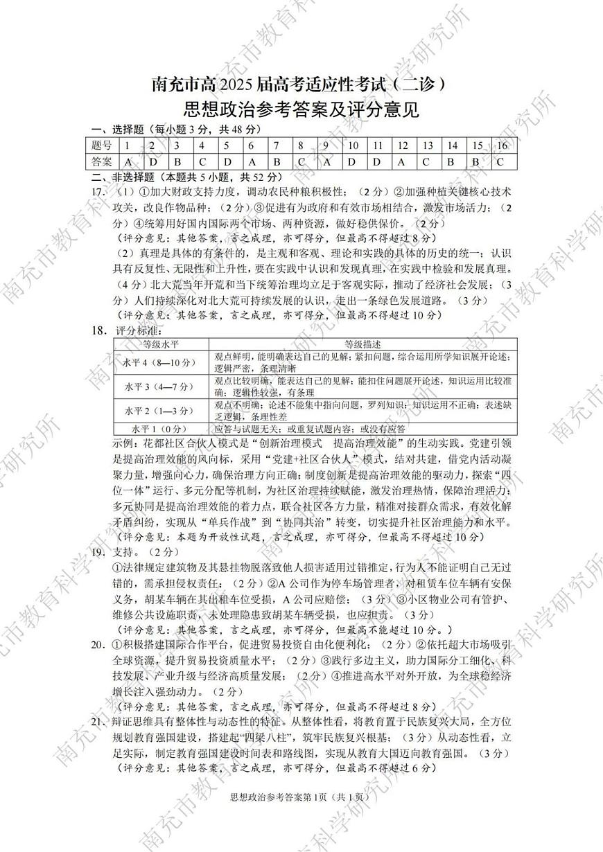 政治试卷答案            【四川卷】四川省南充市高2025届高考适应性考试（二诊）（南充二诊）（2.25-2.27）第1页