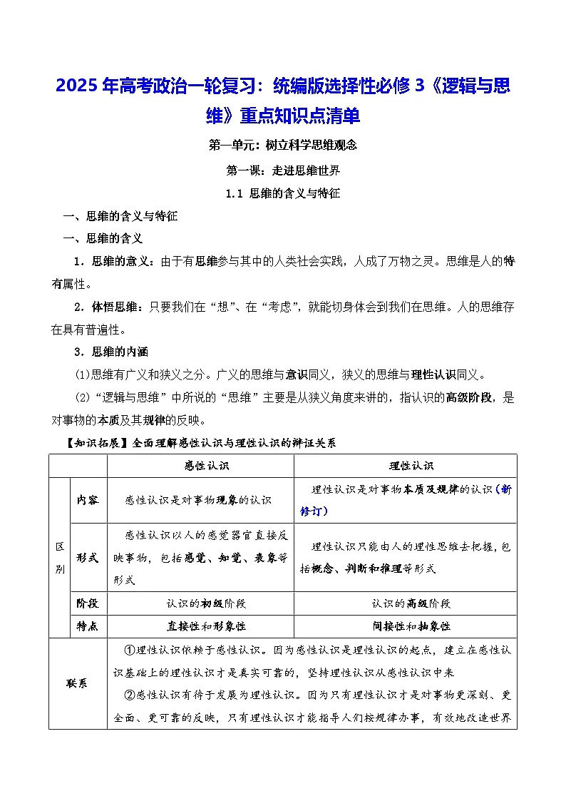 2025年高考政治一轮复习：统编版选择性必修3《逻辑与思维》重点知识点清单 学案第1页