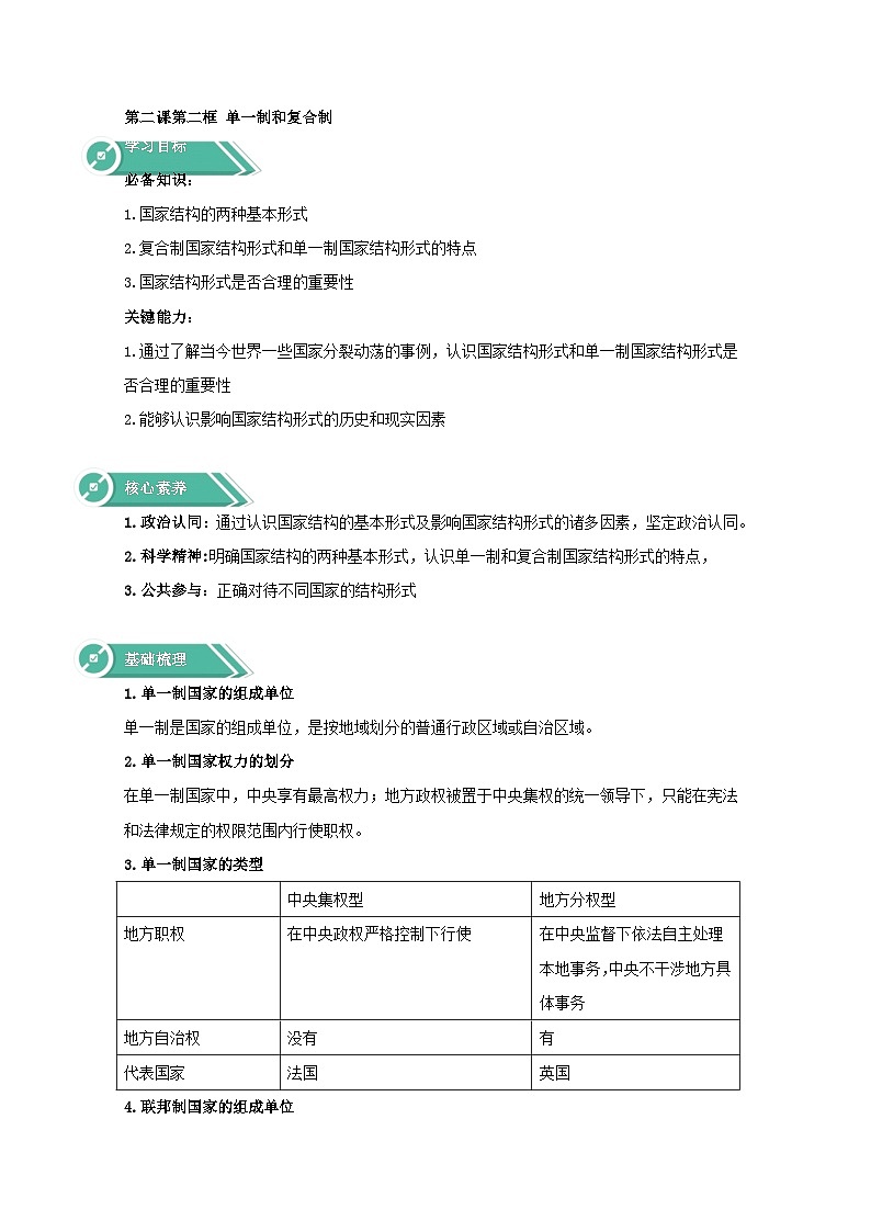 人教统编版高中政治 选择性必修1 1-2《单一制和复合制》学案第1页
