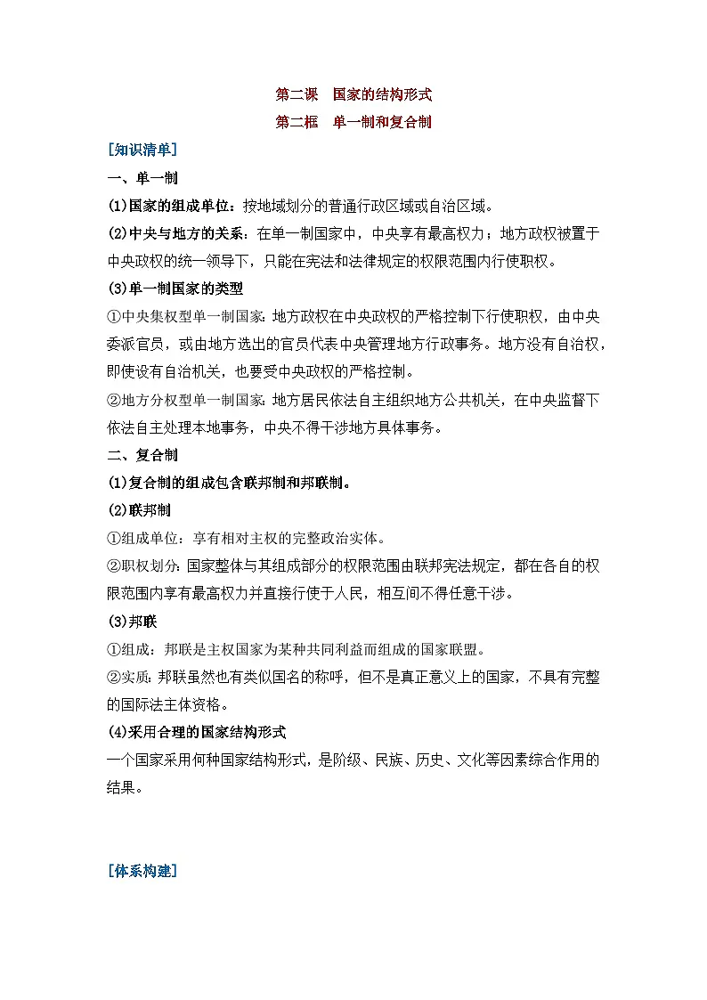 人教统编版高中政治 选择性必修1 1-2《单一制和复合制》核心知识总结第1页