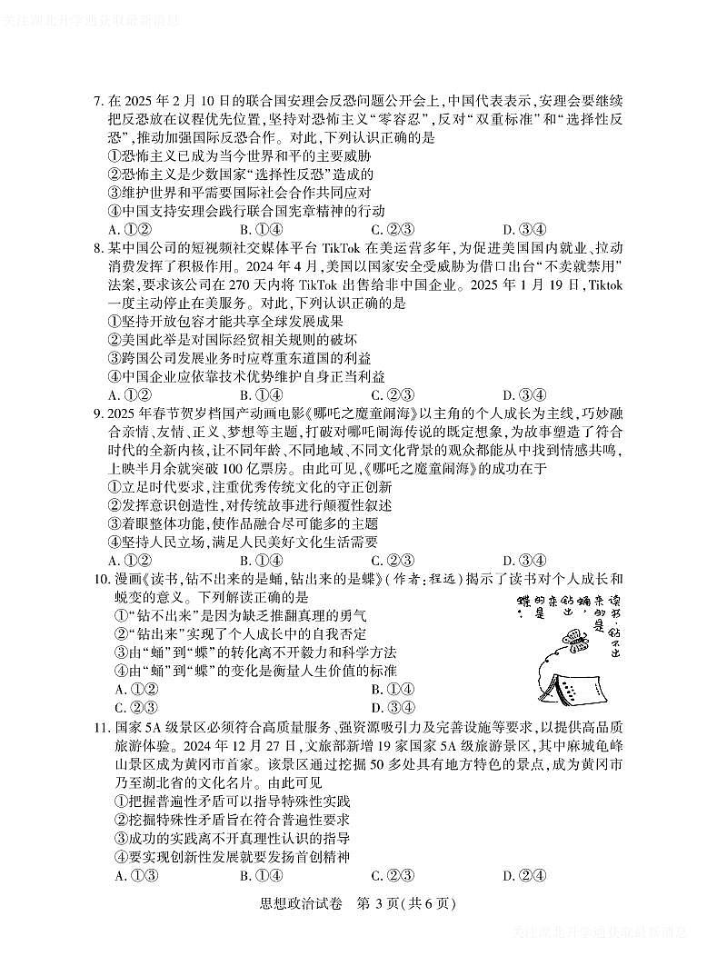2025年湖北省八市高三（3月）联考政治第3页