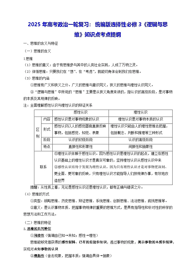 2025年高考政治一轮复习：统编版选择性必修3《逻辑与思维》知识点考点提纲 讲义第1页