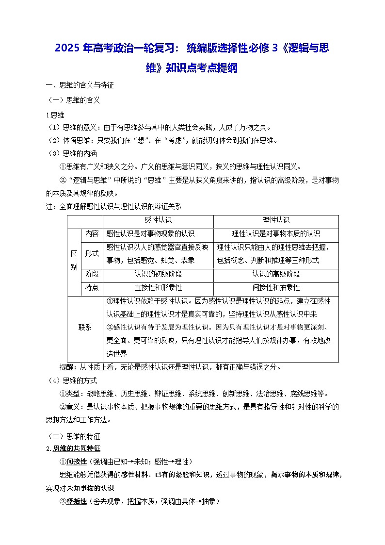 2025年高考政治一轮复习：统编版选择性必修3《逻辑与思维》知识点考点提纲 讲义第1页