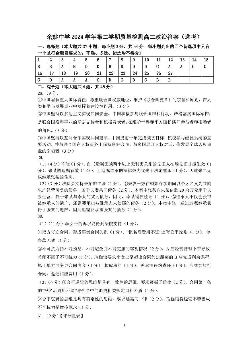余姚中学2024学年第二学期质量检测高二政治答案（选考）第1页