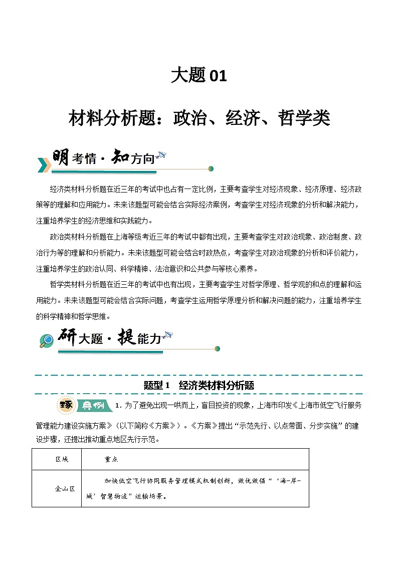 01 材料分析题：经济、政治、哲学类-冲刺2025年高考政治大题突破与限时练（上海专用）（文字版）第1页