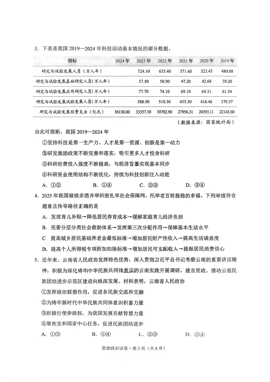 云南省昆明市2025届“三诊一模”高三复习教学质量检测 政治试题+答案第2页