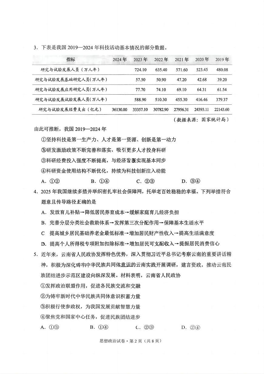 云南省昆明市2025届“三诊一模”高三复习教学质量检测政治第2页