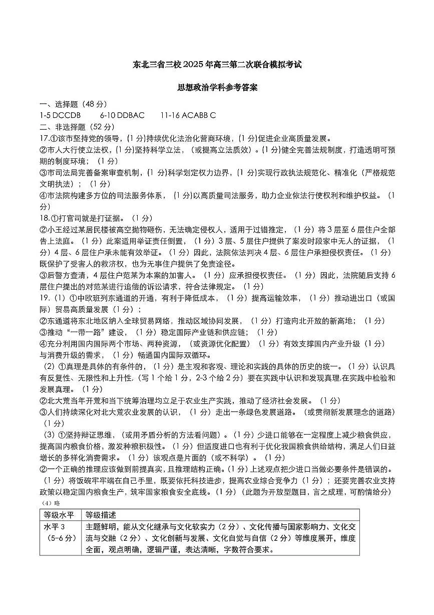 东北三省三校2025届高三下学期第二次联合模拟考试政治答案第1页