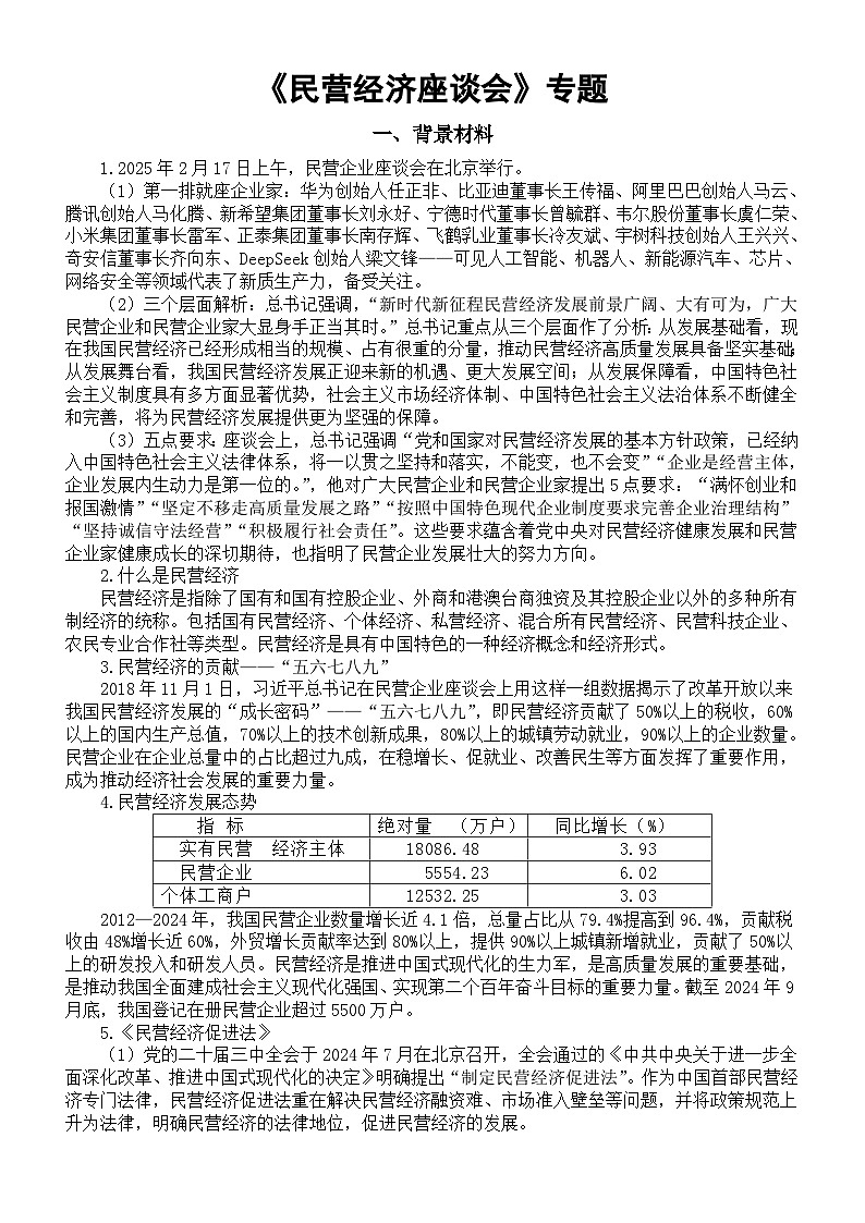 高中政治2025届高考时政热点《民营经济座谈会》专题（背景材料+考点链接+考点练习）第1页