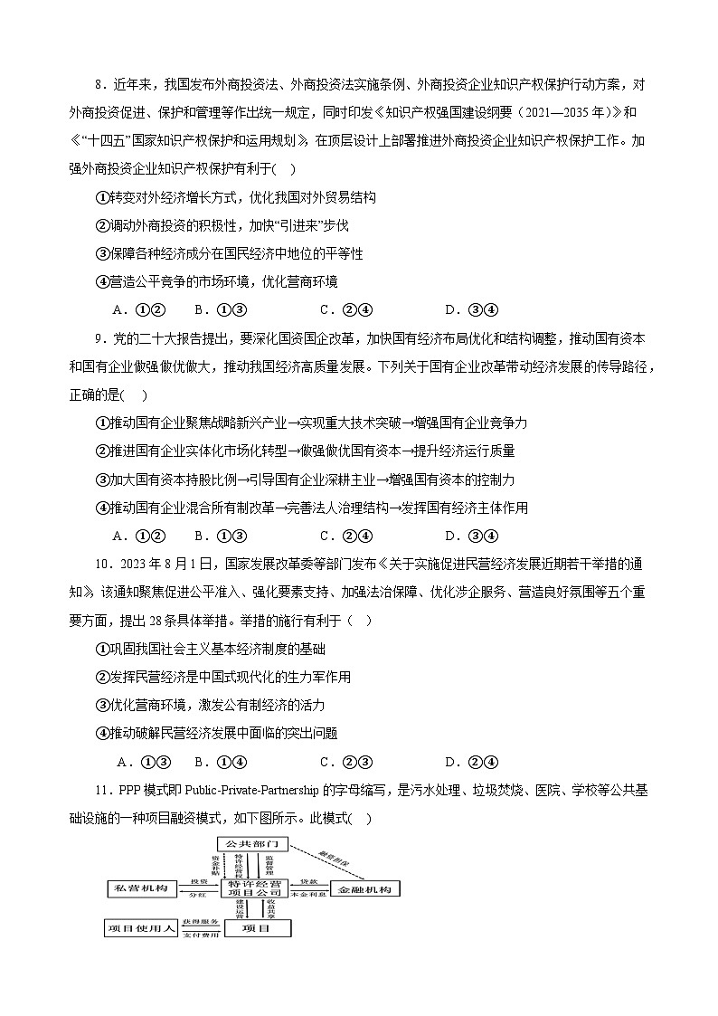 必修2《经济与社会》 选择题专练50题(原卷版）-备战2024年高考政治考试易错题（新高考专用）第3页