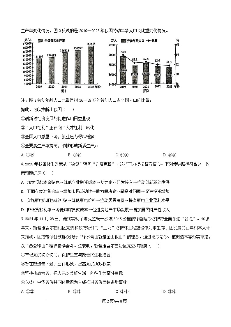 2025届湖南省长沙市湖南师范大学附属中学高三下学期模拟预测（一）政治试题（原卷版）第2页