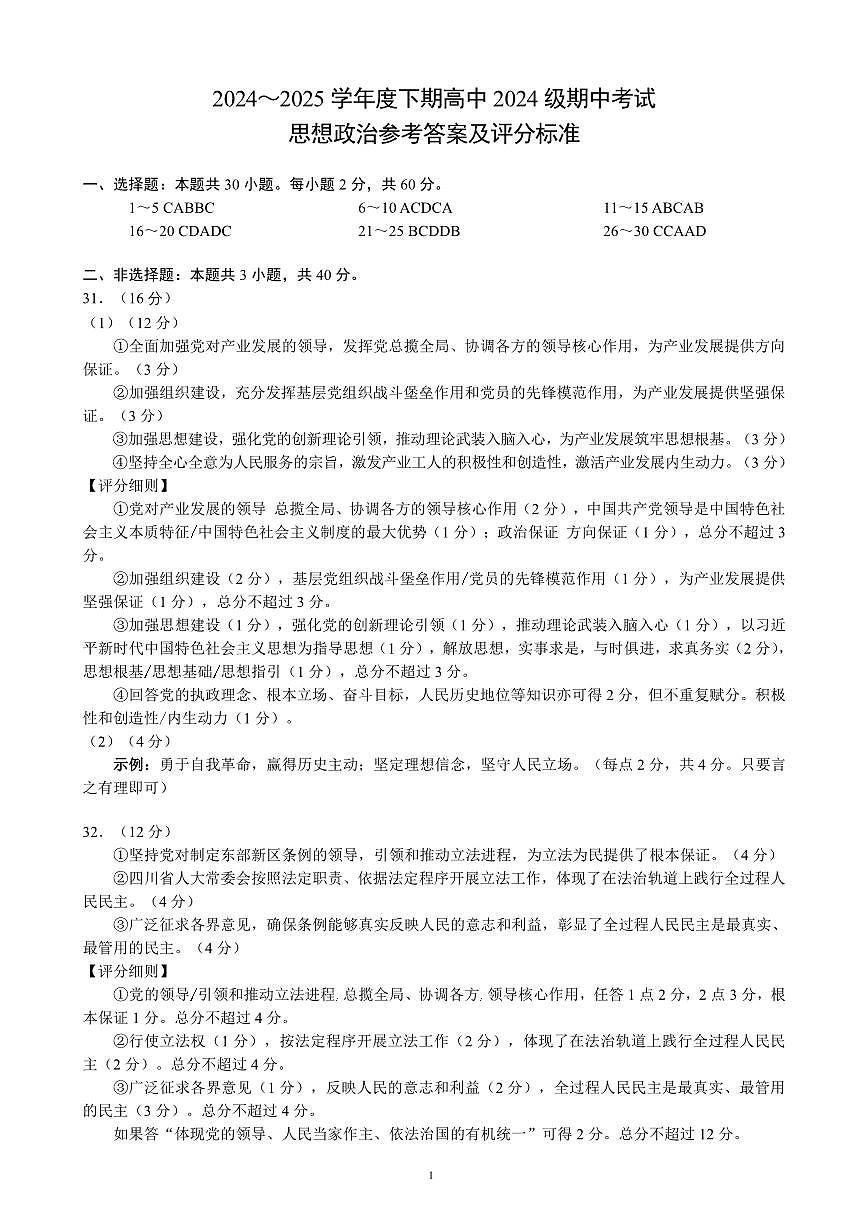 2024～2025学年度下期高中2024级期中考试思想政治参考答案及评分标准第1页