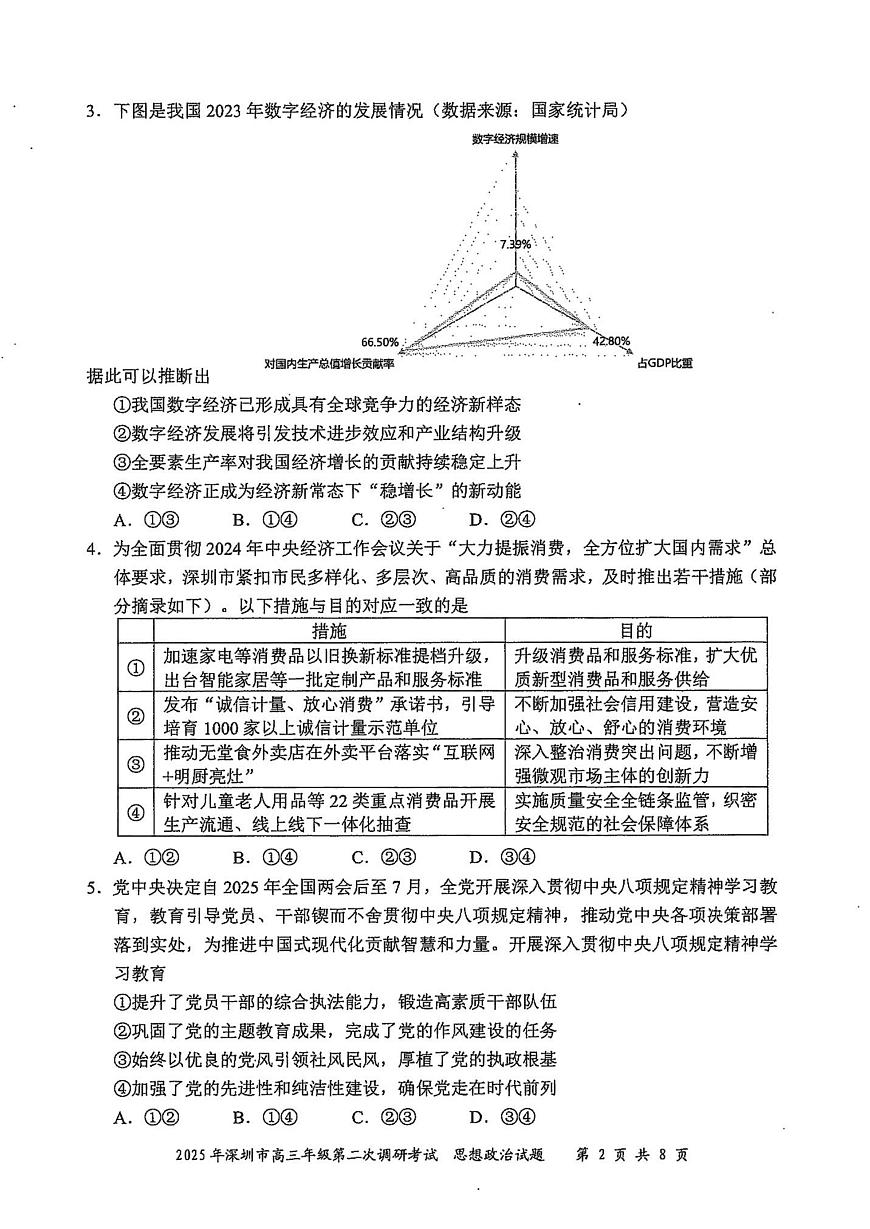 2025届广东省深圳市二模高三年级第二次调研考试 政治试题及答案第2页