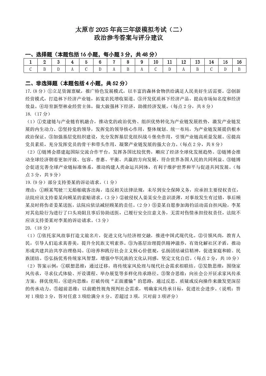 山西省太原市2025年高三年级模拟考试（二）政治答案第1页