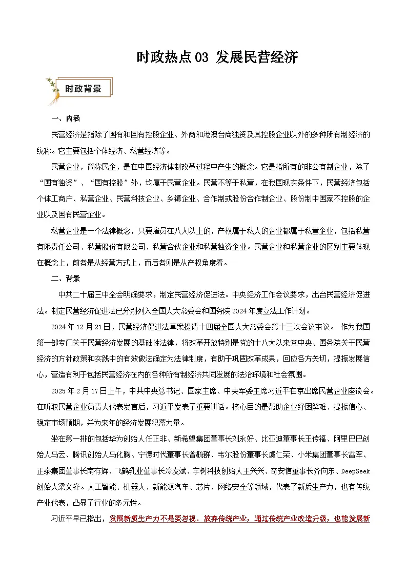 2025年高考政治抢押秘籍（江苏专用）时政热点03发展民营经济（江苏专用）（学生版）第1页