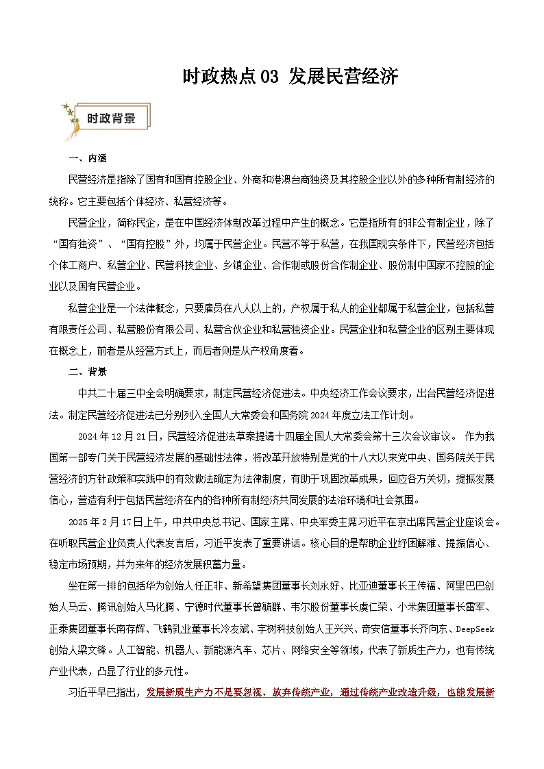 2025年高考政治抢押秘籍（江苏专用）时政热点03发展民营经济（江苏专用）（教师版）第1页