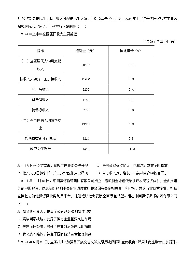 江苏省苏州市2024-2025学年高三上学期期末学业质量阳光指标调研政治试卷  Word版无答案第2页