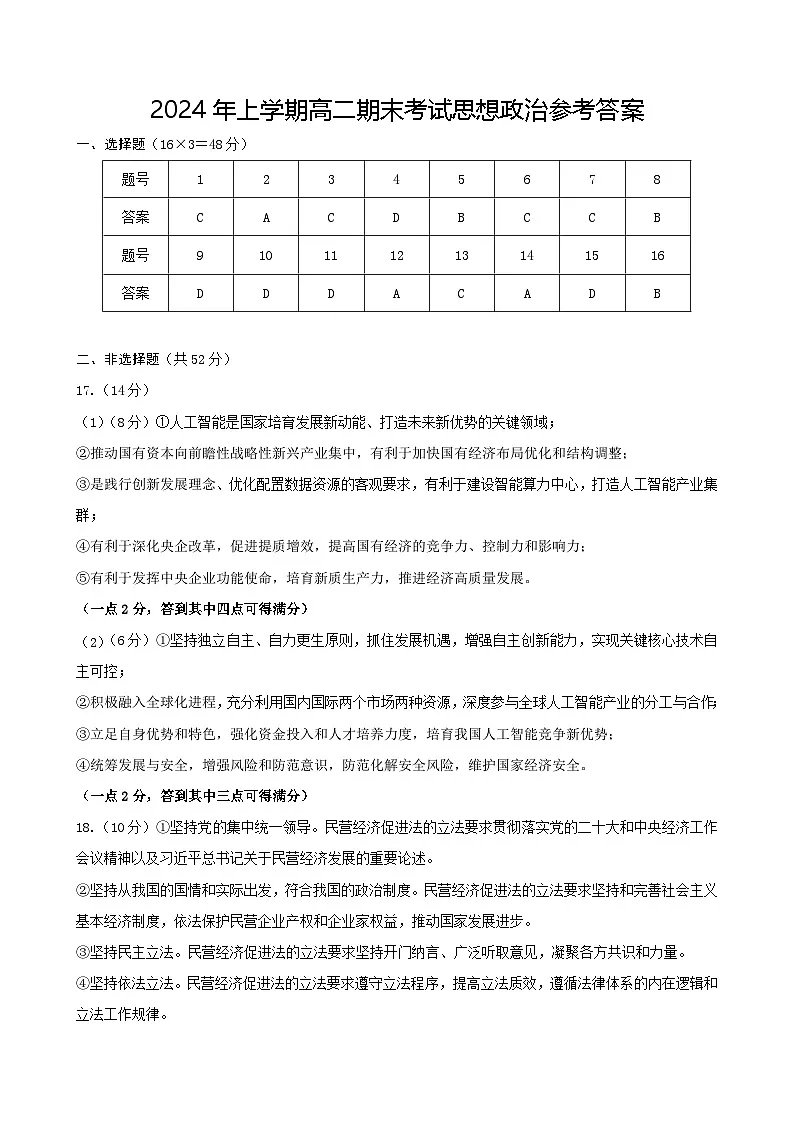 2024年上学期涟源市高二期末调研考试政治试题答案第1页