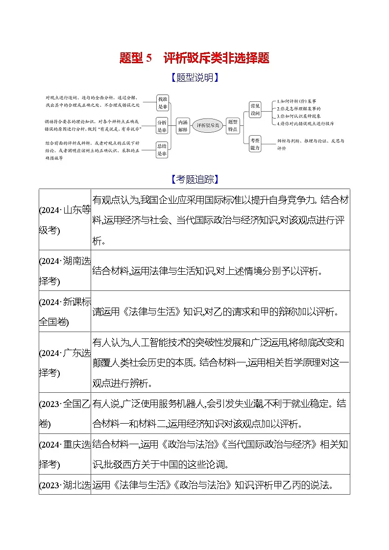 2025版高考政治热点题型与考点专练题型5 评析驳斥类非选择题试题（Word版附答案）第1页