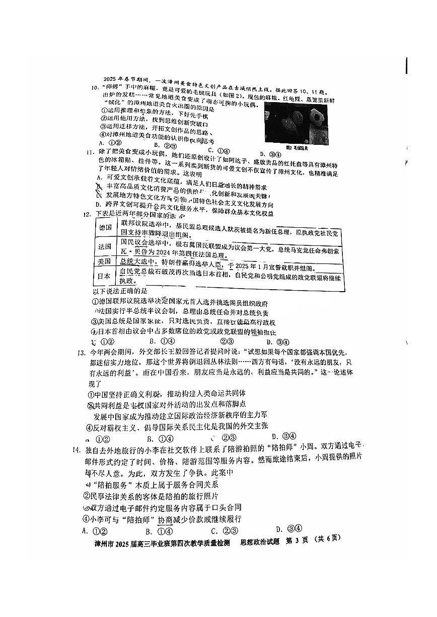福建省漳州市2025届高三毕业班第四次教学质量检测政治第3页