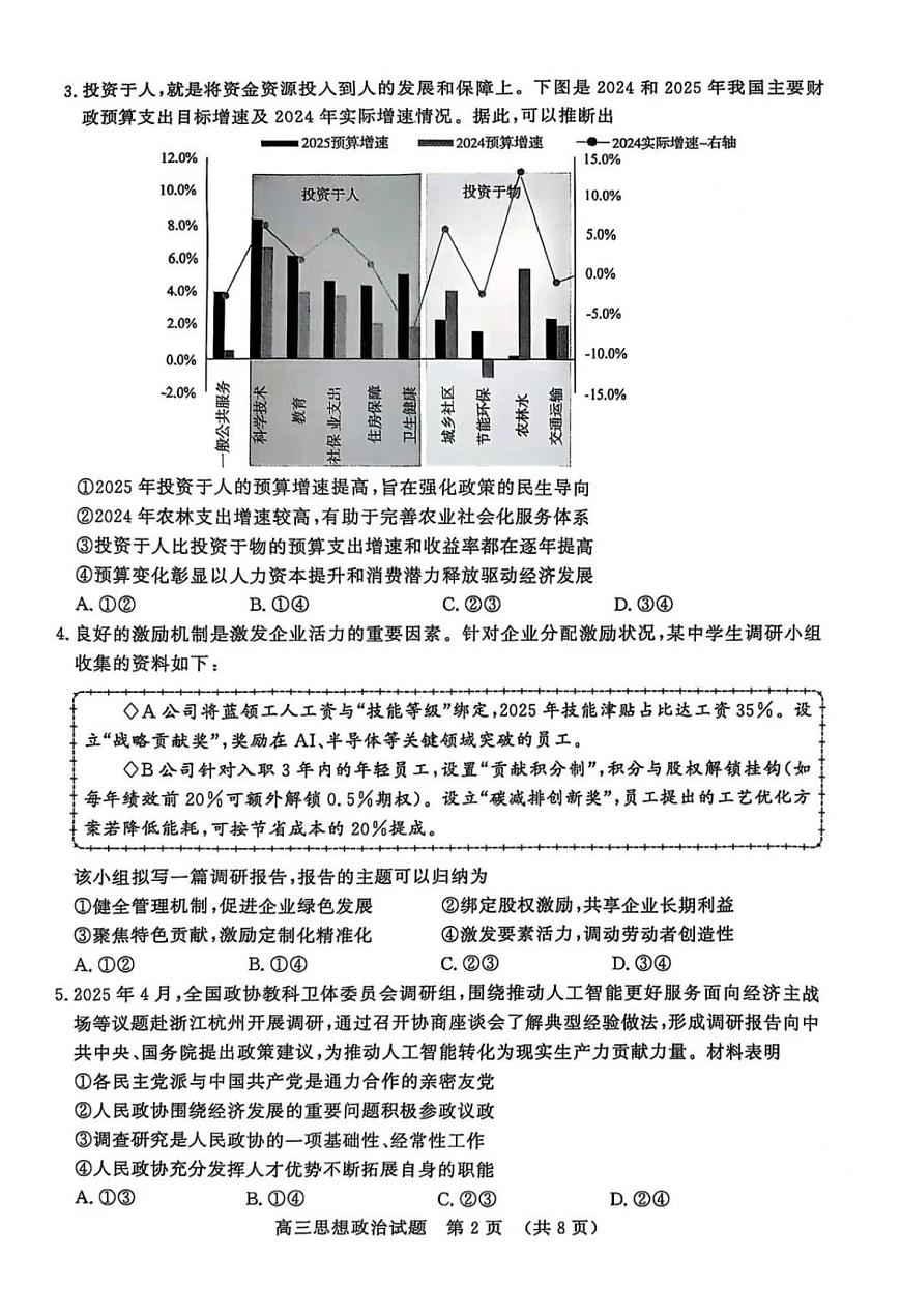 2025届山东省济南市高三二模高考针对性训练 政治试题及答案第2页