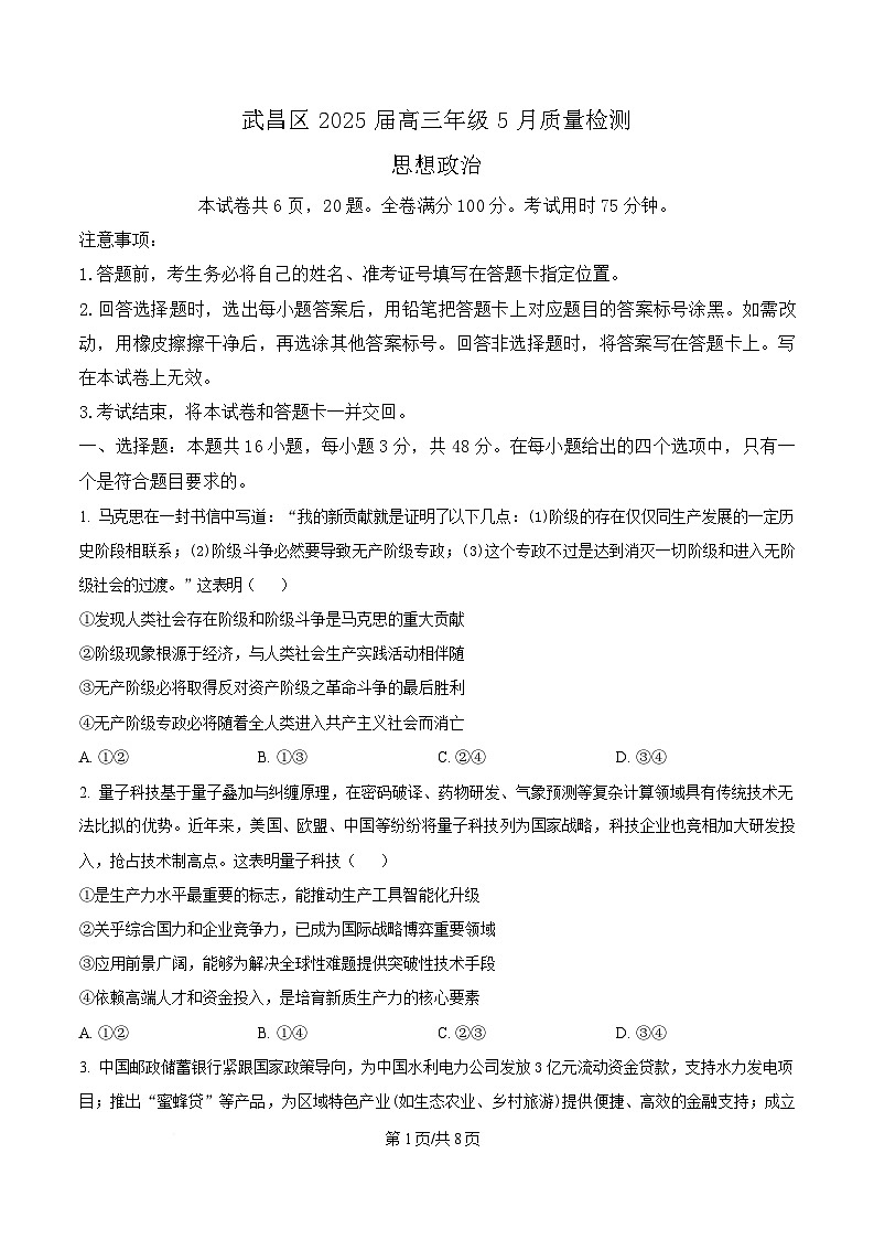 湖北省武昌区2025届高三下学期5月质量检测试题  政治  Word版无答案第1页