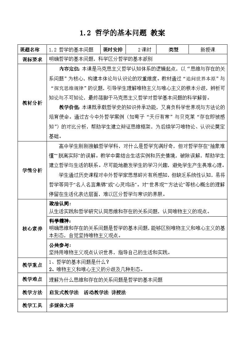 1.2 哲学的基本问题 教学设计 2024-2025学年高中政治统编版必修四《哲学与文化》第1页