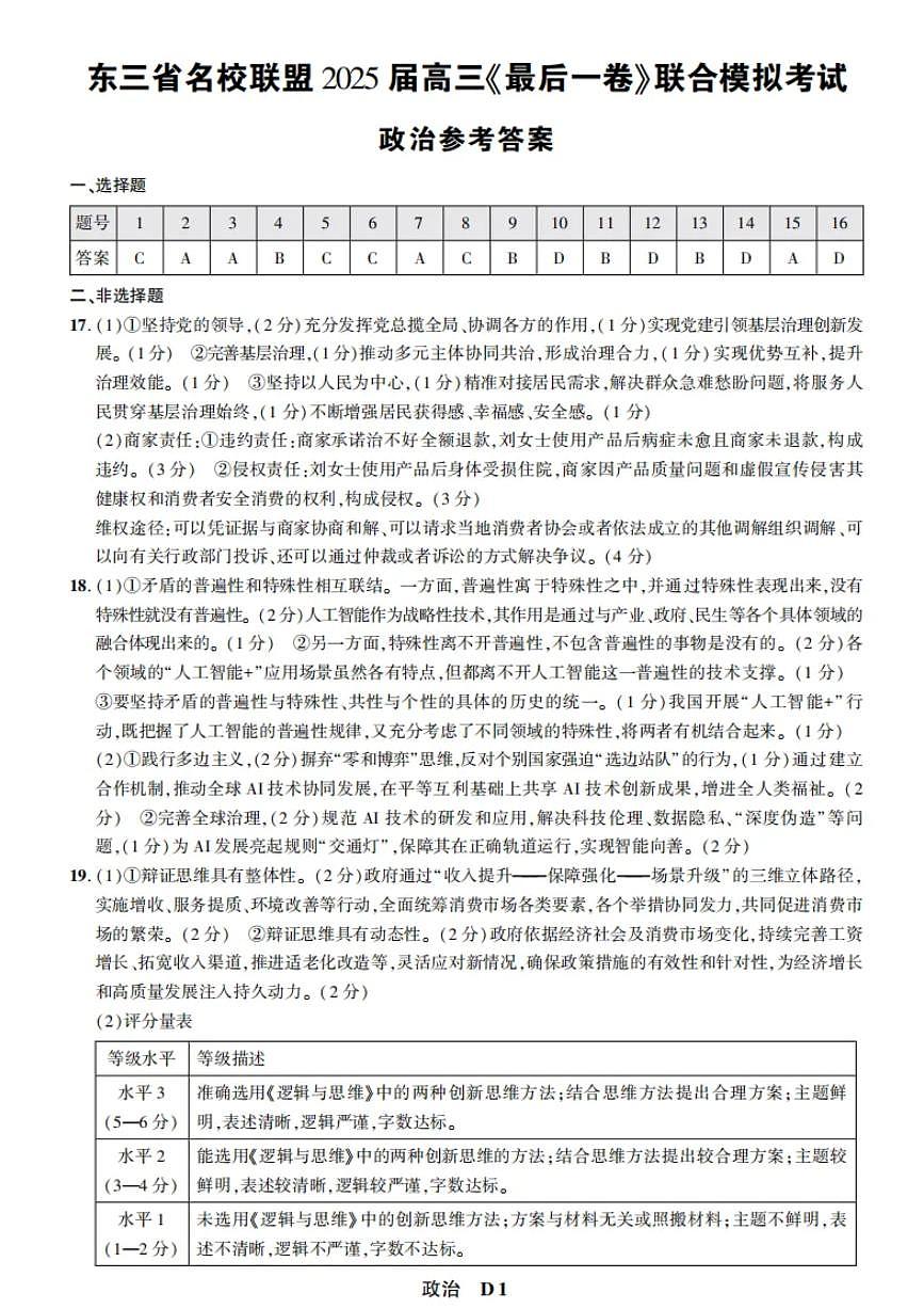 东三省名校联盟 2025 高三《最后一卷》联合模拟考试-政治答案第1页