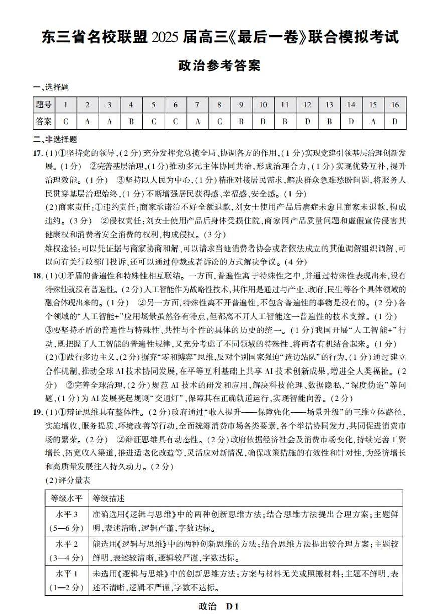 东三省名校联盟 2025 高三《最后一卷》联合模拟考试-政治答案第1页