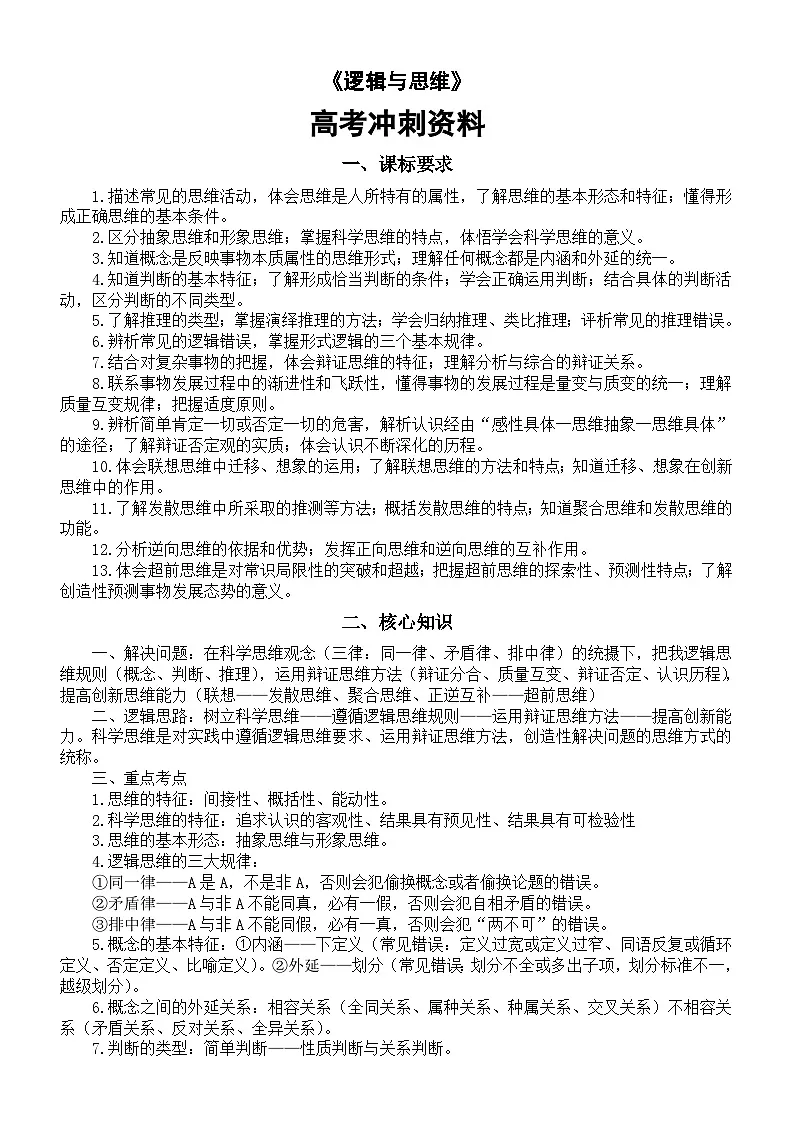 高中政治2025届高考选必3《逻辑与思维》冲刺资料（课标要求+核心知识+模拟练习）第1页