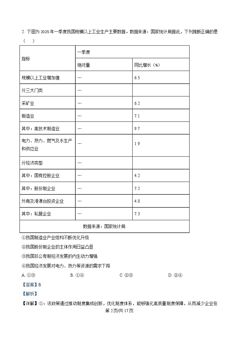 2025届湖北省武汉市高三下学期5月调考政治试卷 Word版含解析第2页